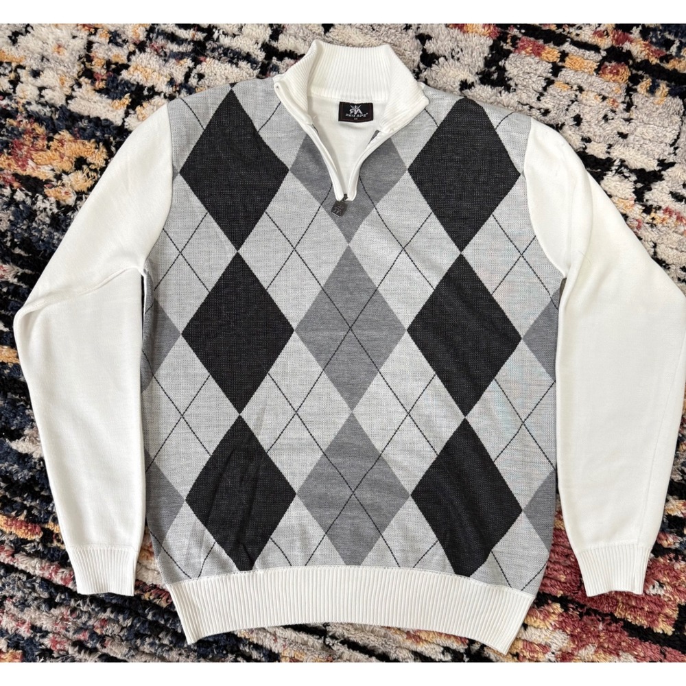 Red Ape Mens 2X Argyle Quarter Zip Sweater Grey Black‎ White Knit Pullover